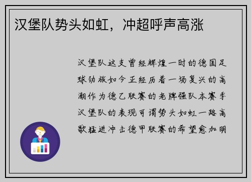 汉堡队势头如虹，冲超呼声高涨